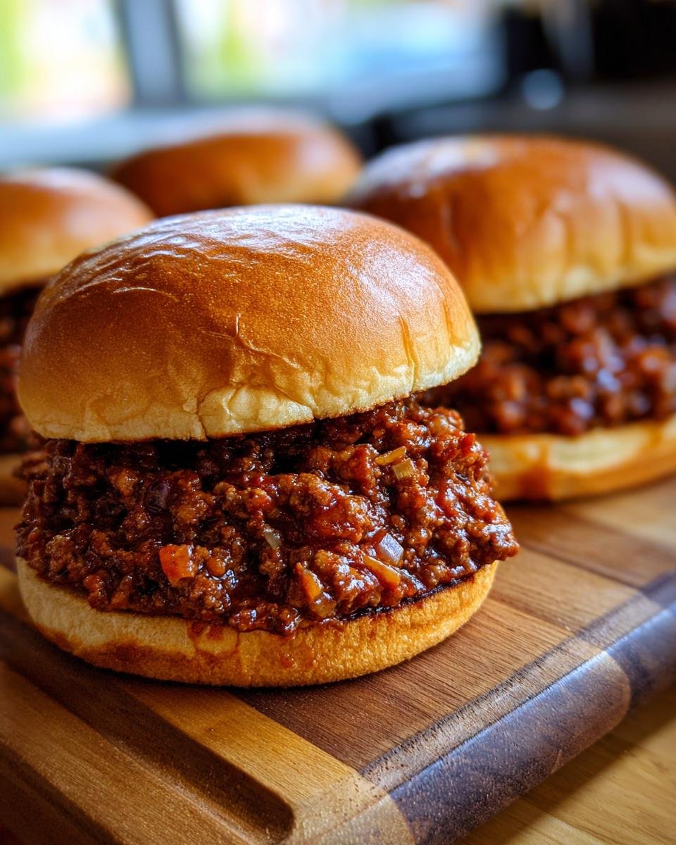 A close-up of an Irresistible Sloppy Joe sandwich on a wooden cutting board, with more sandwiches blurred in the background.