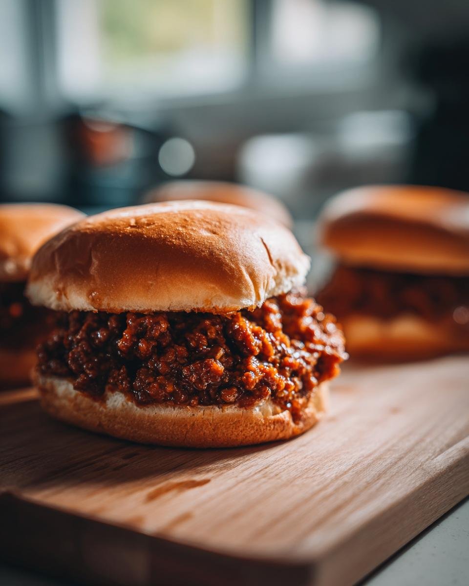 Close-up of an Irresistible Sloppy Joe sandwich on a wooden cutting board, showcasing the savory meat filling.
