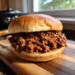Close-up of an Irresistible Sloppy Joes sandwich on a bun, filled with savory ground meat.