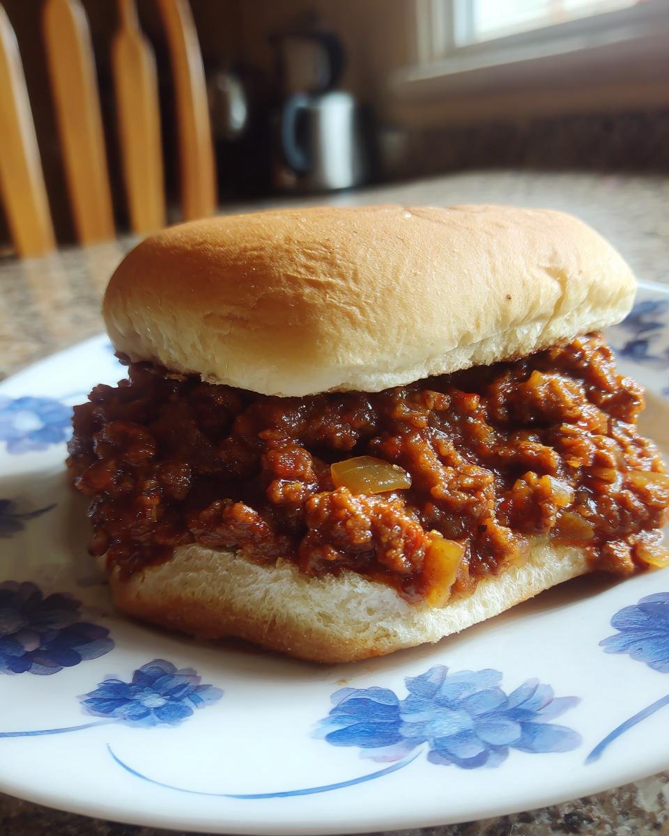 A close-up of an Irresistible Sloppy Joes sandwich on a plate, showcasing the hearty meat filling and soft bun.