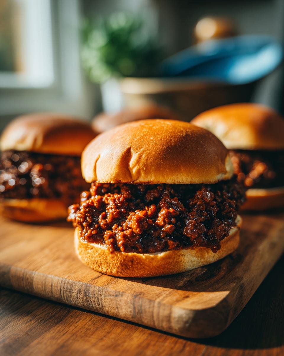 Close-up of an Irresistible Sloppy Joe sandwich on a wooden cutting board, with more sandwiches blurred in the background.