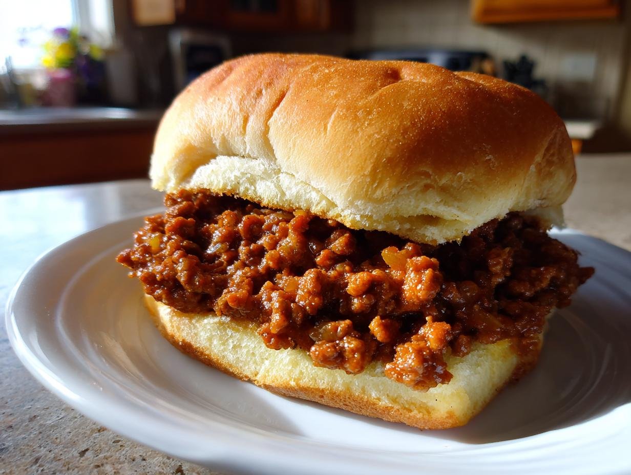 A close-up of an Irresistible Sloppy Joes sandwich on a white plate, showcasing the savory meat filling and soft bun.