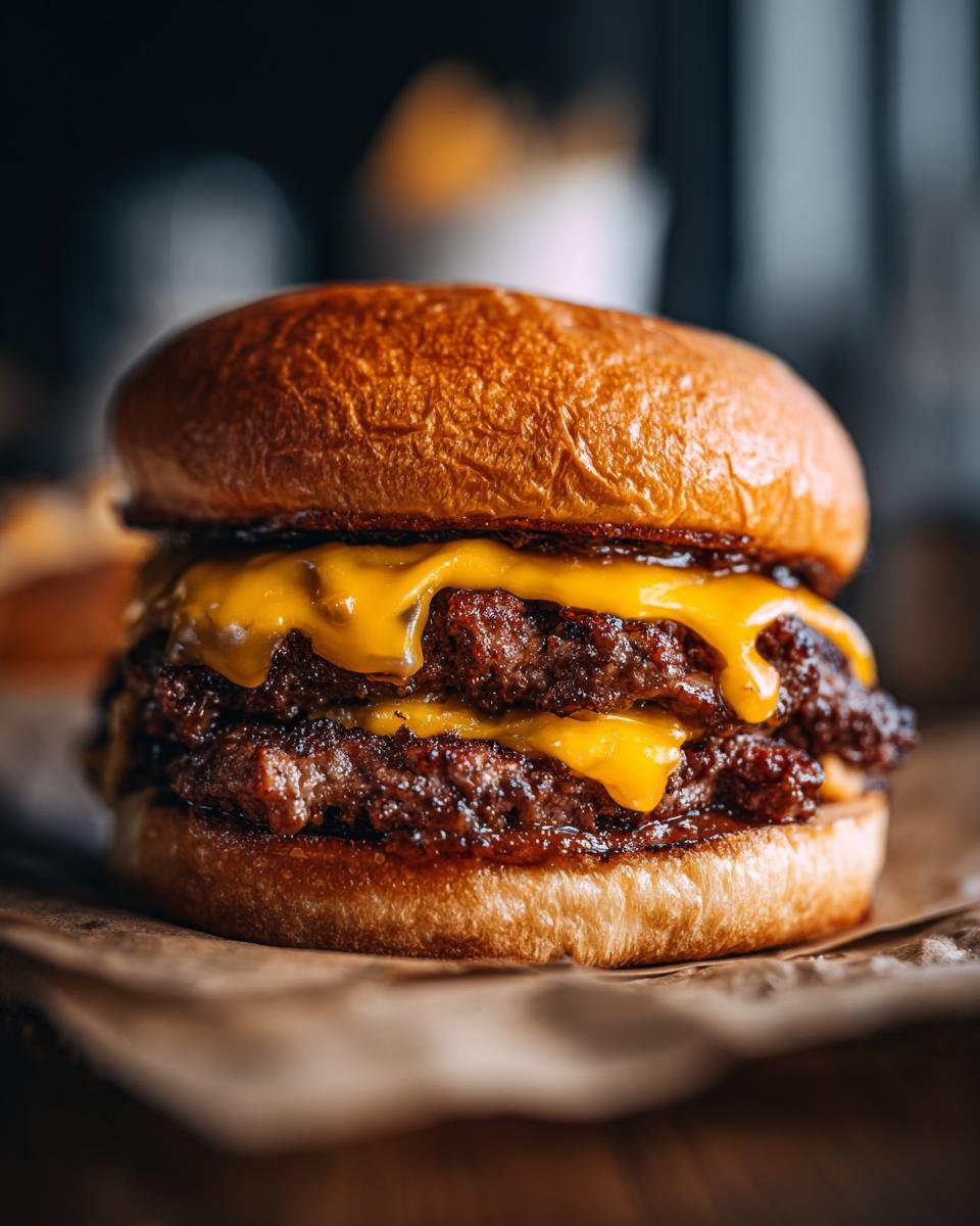 Close-up of an irresistible smash burger with two juicy beef patties and melted cheese.