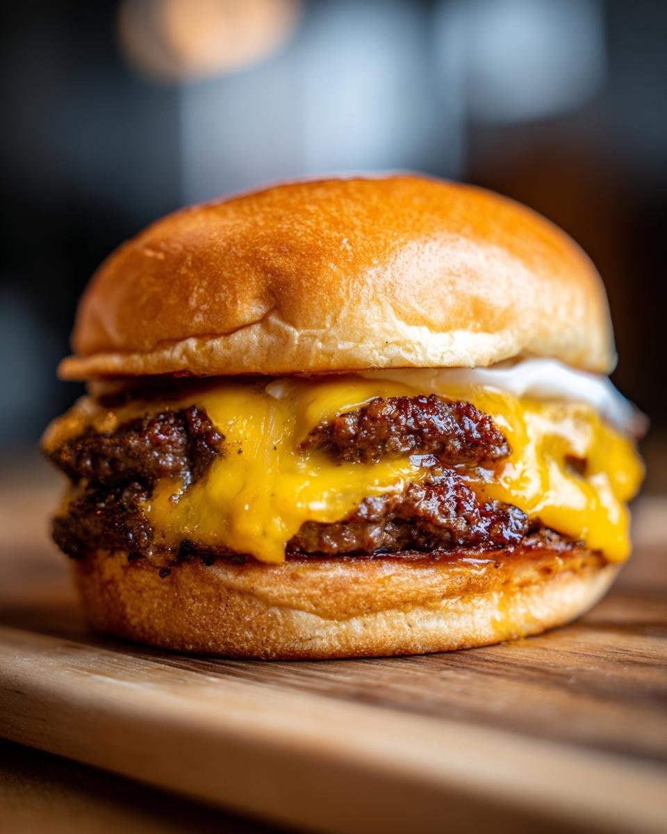 Close-up of an irresistible smash burger recipe with two juicy patties, melted cheddar cheese, and a soft brioche bun.
