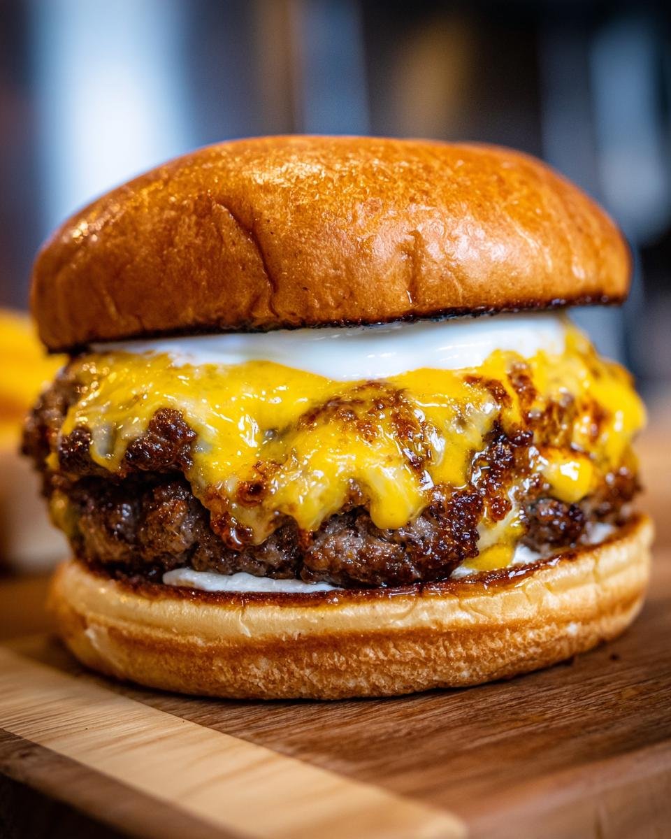 Close-up of an irresistible smash burger recipe, featuring a double patty with melted cheddar cheese and a soft brioche bun.