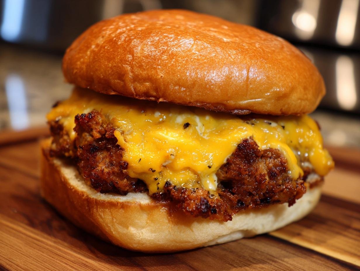 Close-up of an irresistible smash burger with melted cheese, on a wooden board.