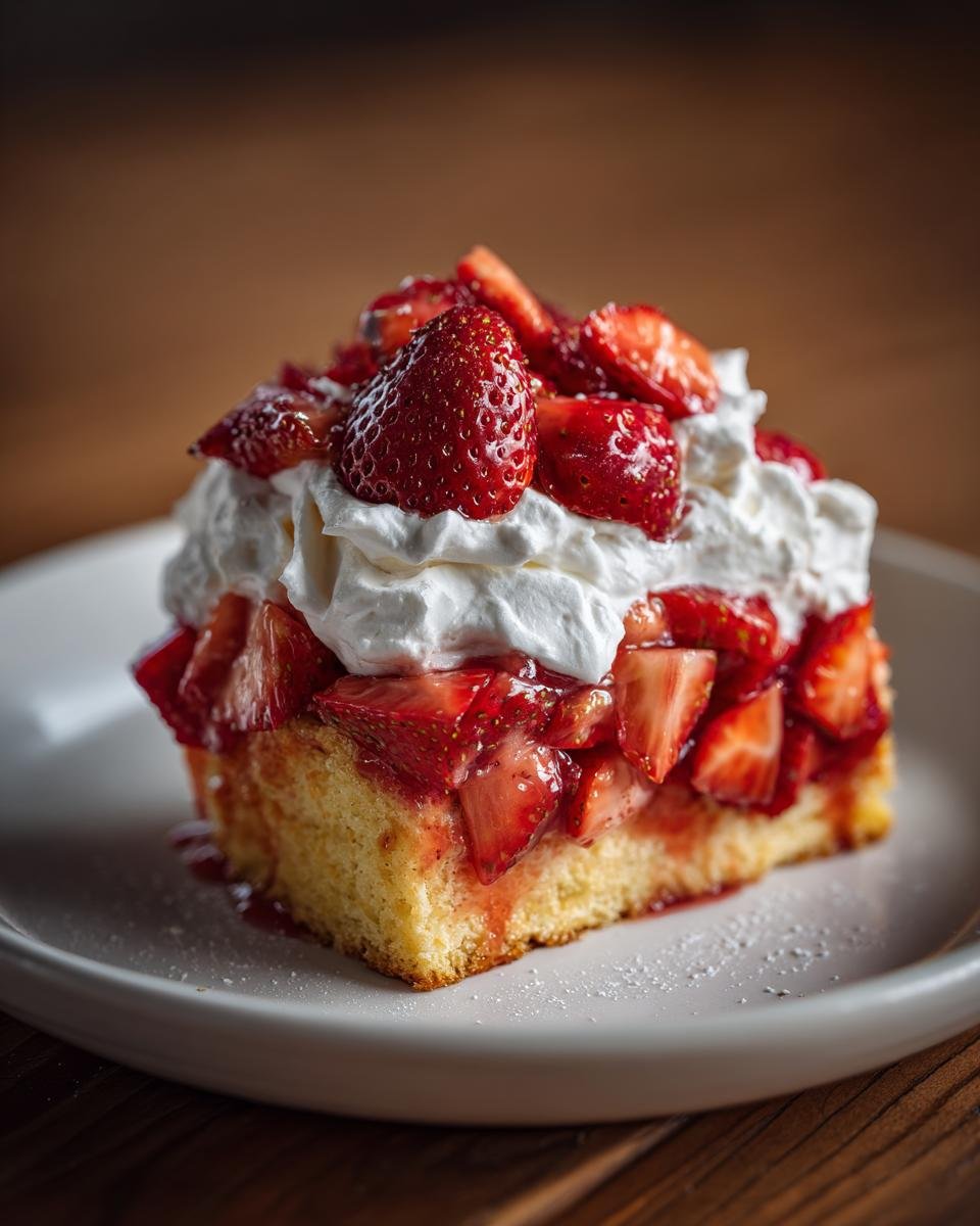 A delicious slice of Irresistible Strawberry Shortcake with fresh strawberries and whipped cream.