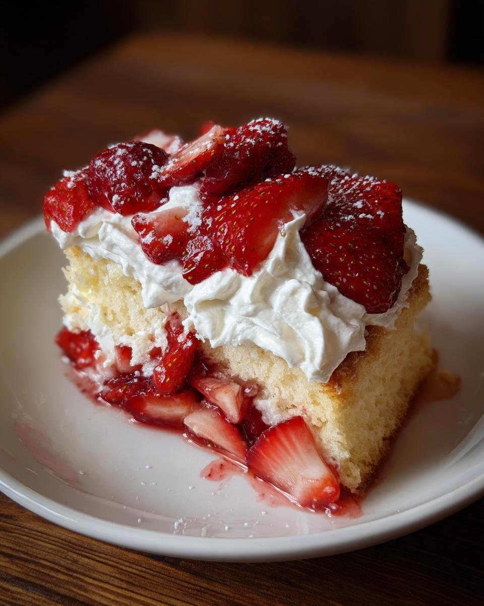 A delicious slice of Irresistible Strawberry Shortcake with fresh strawberries, whipped cream, and cake.