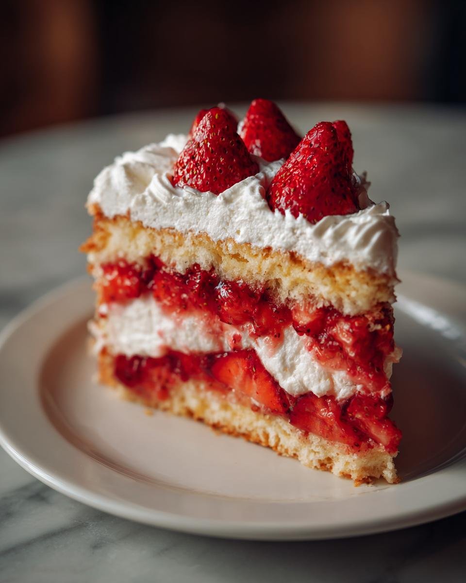 A decadent slice of Irresistible Strawberry Shortcake, layered with cake, whipped cream, and fresh strawberries.