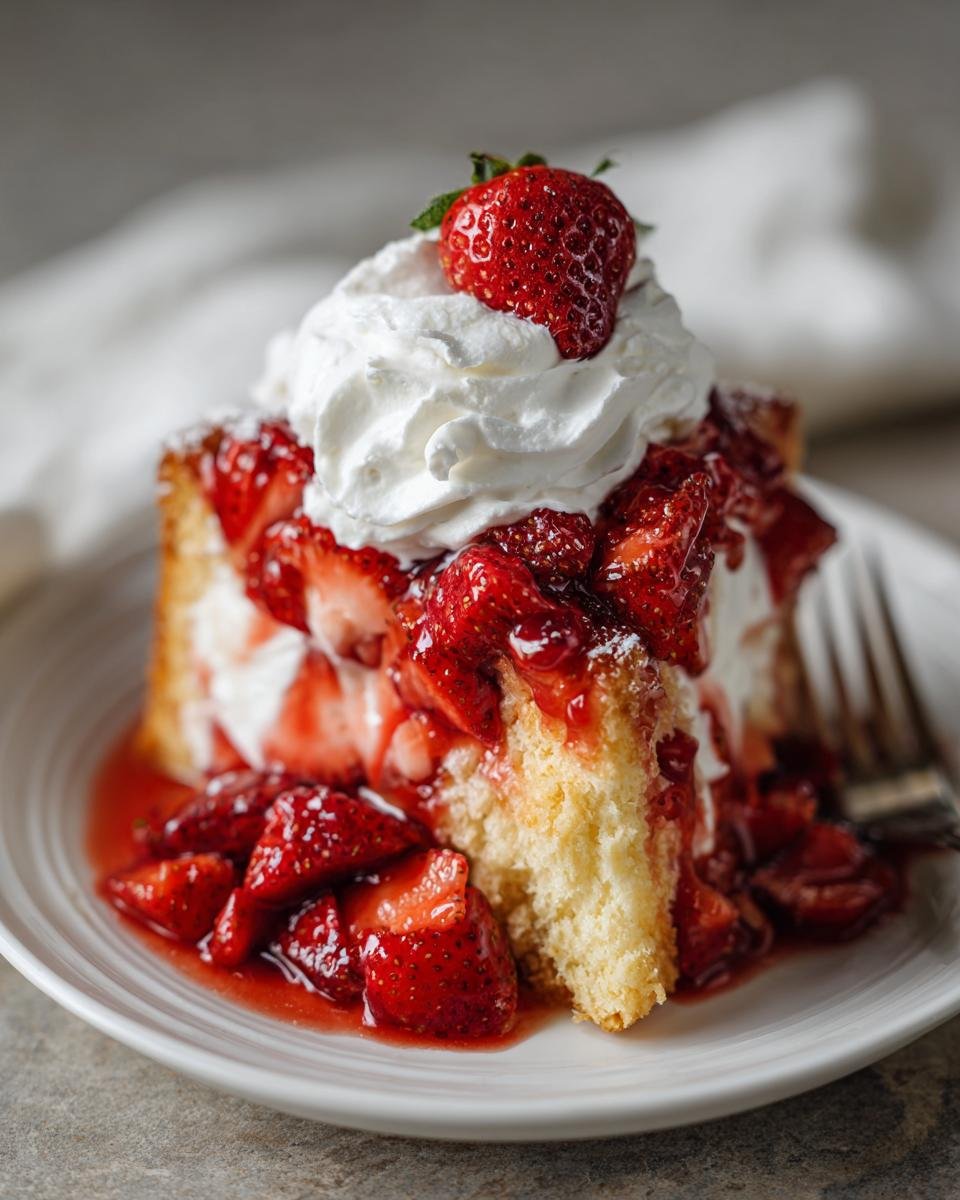A slice of irresistible strawberry shortcake with fresh strawberries and whipped cream on a white plate.