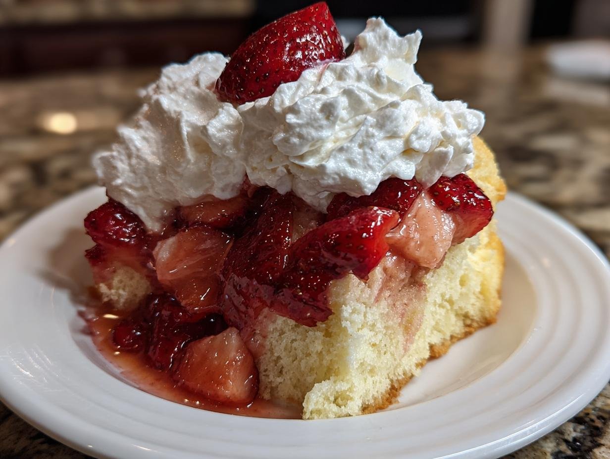A delicious slice of Irresistible Strawberry Shortcake topped with whipped cream and fresh strawberries.