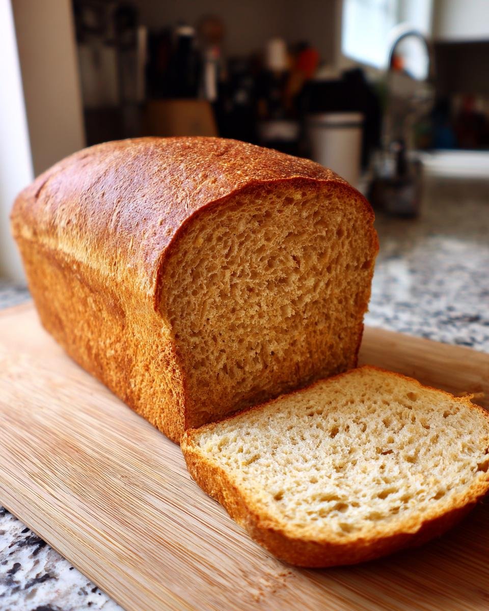 A freshly baked loaf of Irresistible Whole Wheat Bread with one slice cut, displayed on a wooden cutting board.