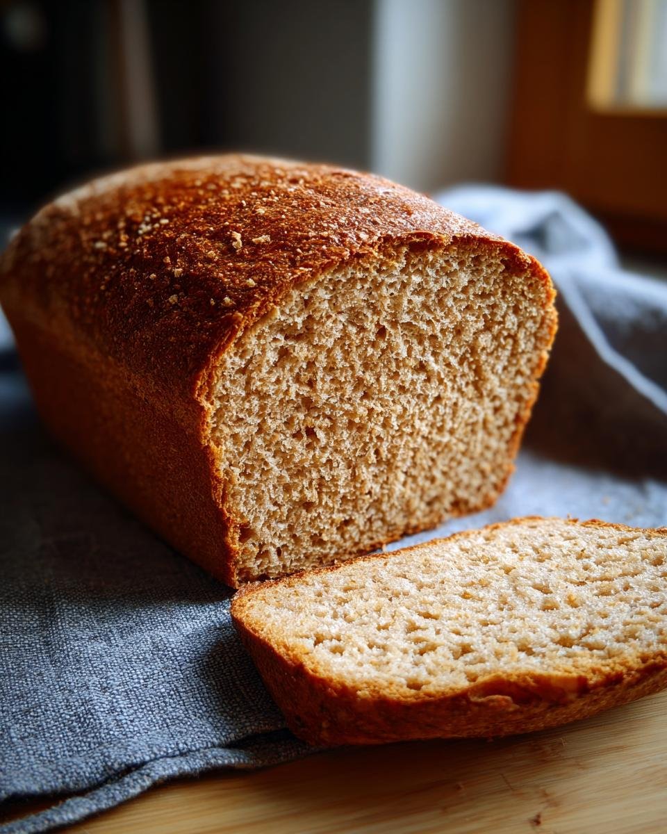 A freshly baked loaf of Irresistible Whole Wheat Bread with one slice cut and placed in front.