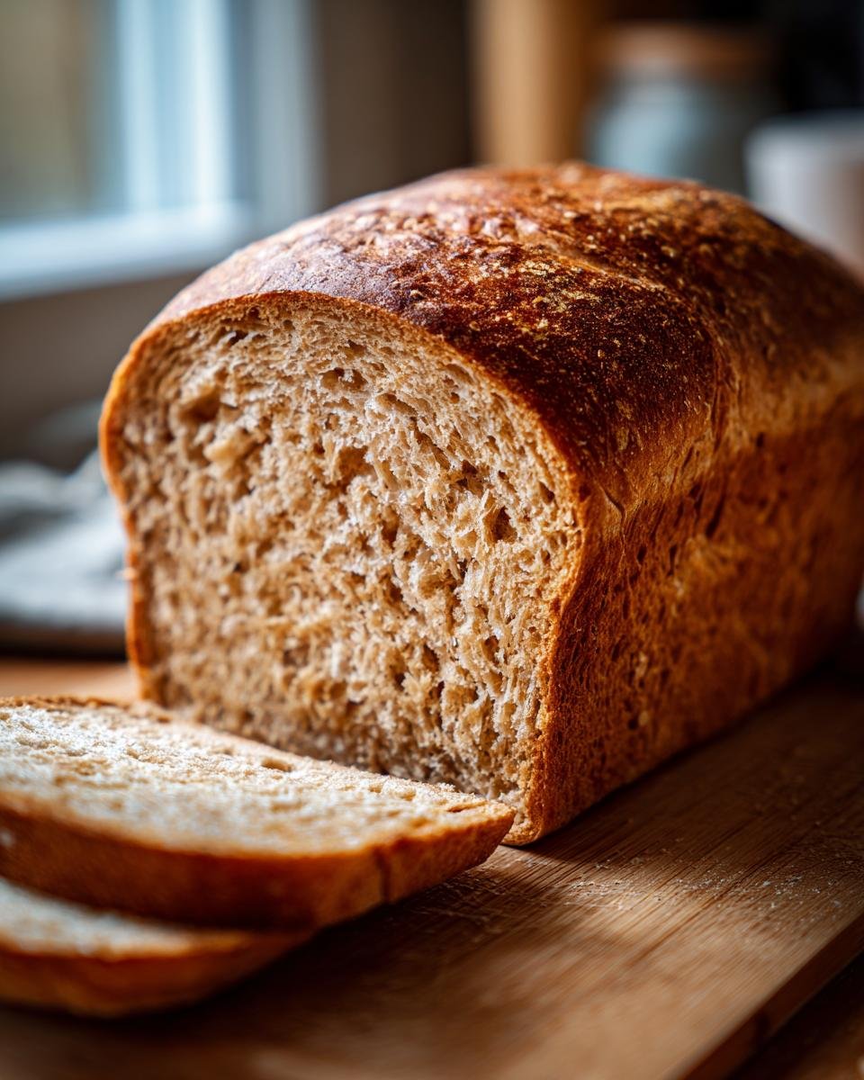 A freshly baked loaf of Irresistible Whole Wheat Bread, sliced on a wooden cutting board.
