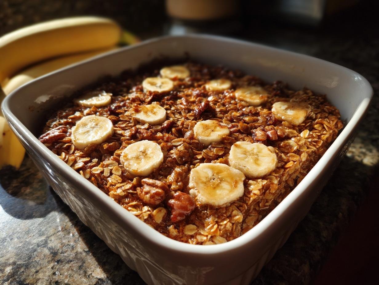 Close-up of Jamaican Inspired Banana Bread Baked Oatmeal in a white baking dish, topped with banana slices and walnuts.