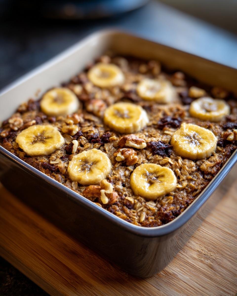 Close-up of Jamaican Inspired Banana Bread Baked Oatmeal in a baking dish, topped with banana slices and walnuts.