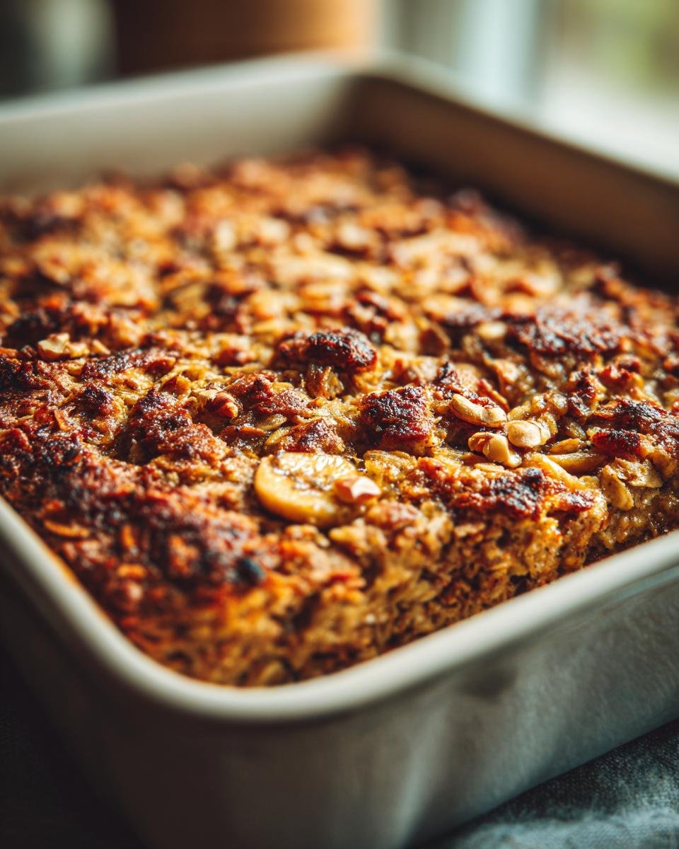 Close-up of freshly baked Jamaican Inspired Banana Bread Baked Oatmeal in a white baking dish, showing golden brown top with visible oats and banana slices.