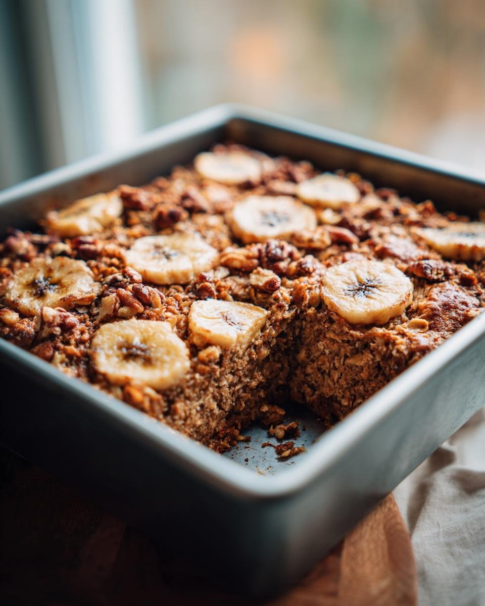 Close-up of Jamaican Inspired Banana Bread Baked Oatmeal in a baking dish, topped with banana slices and nuts.