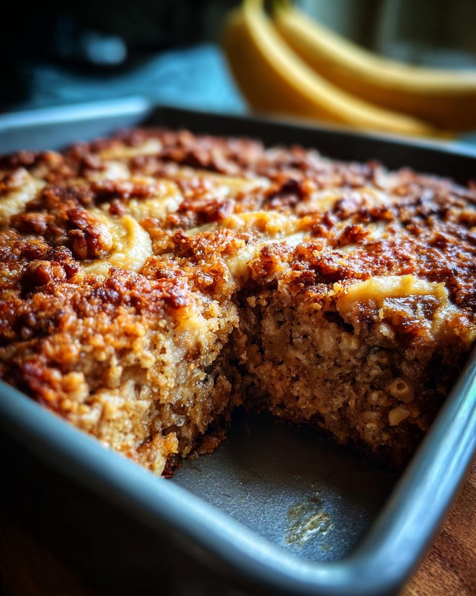 Close-up of Jamaican Inspired Banana Bread Baked Oatmeal in a baking pan, with bananas blurred in the background.