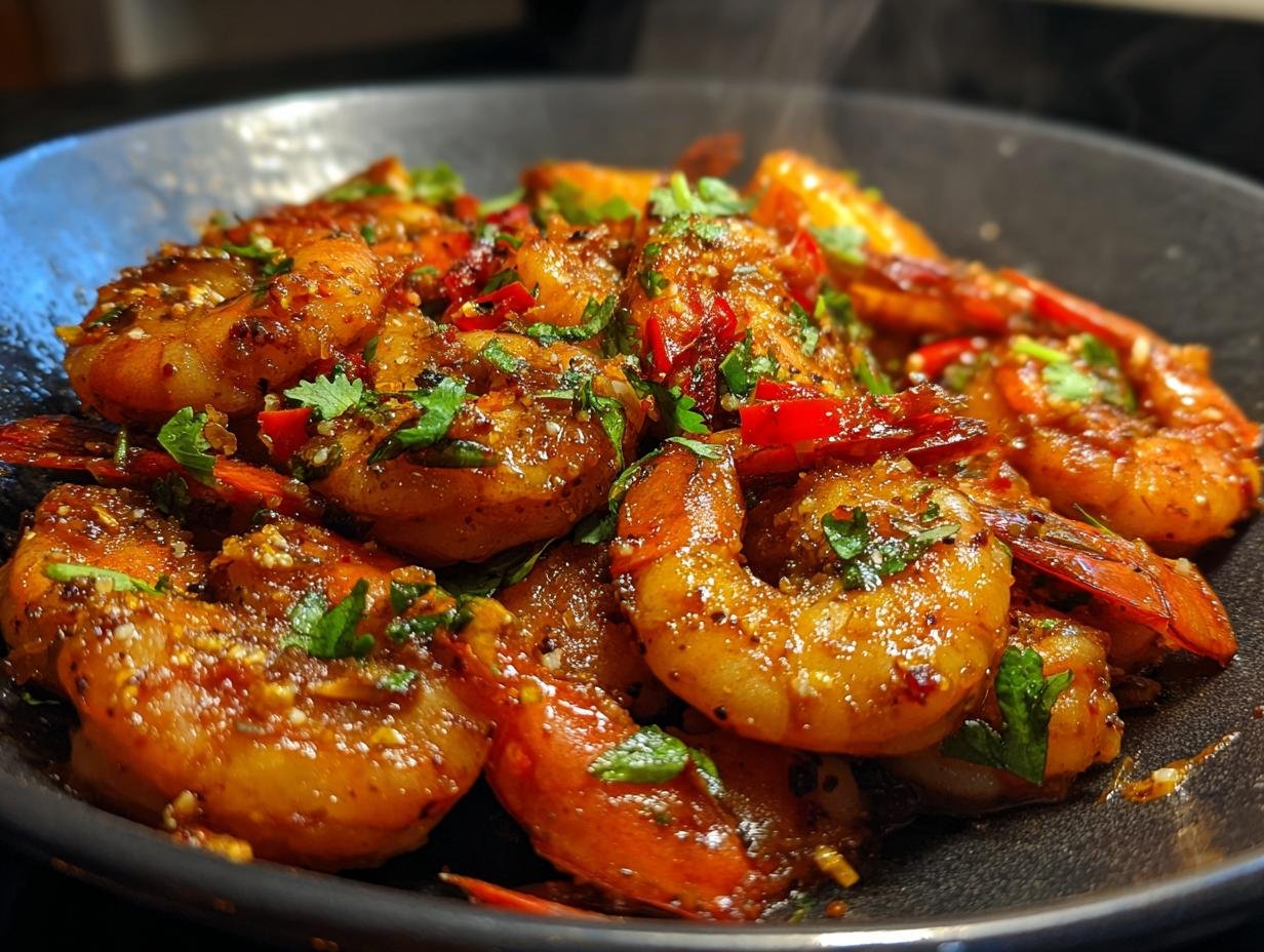 Close-up of a bowl filled with glistening Jamaican Spicy Pepper Shrimp, garnished with fresh cilantro and chili flakes.