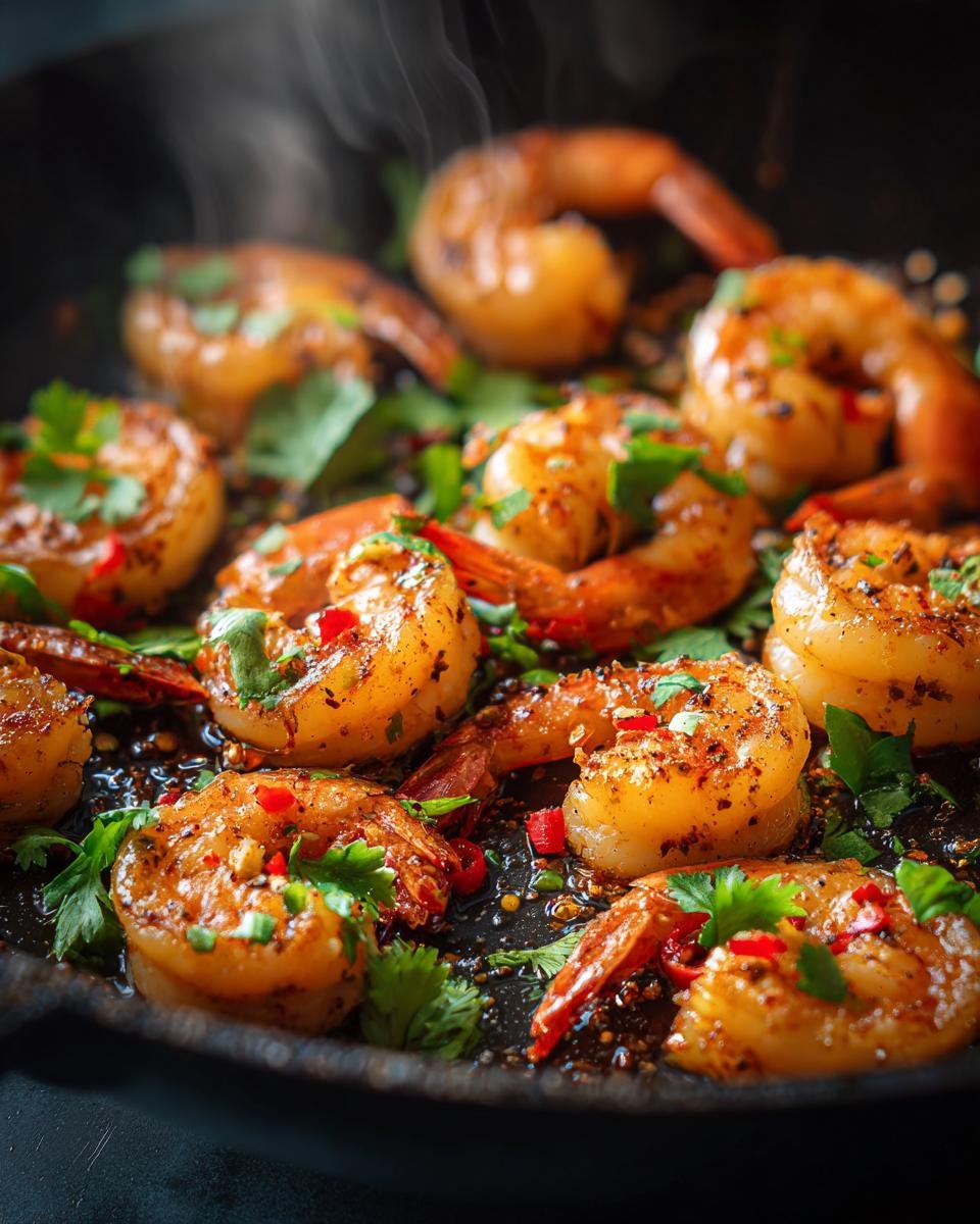 Close-up of Jamaican Spicy Pepper Shrimp sizzling in a skillet with chili flakes and cilantro.