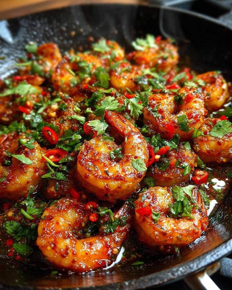 Close-up of succulent Jamaican Spicy Pepper Shrimp cooked in a cast-iron skillet with chili peppers and cilantro.