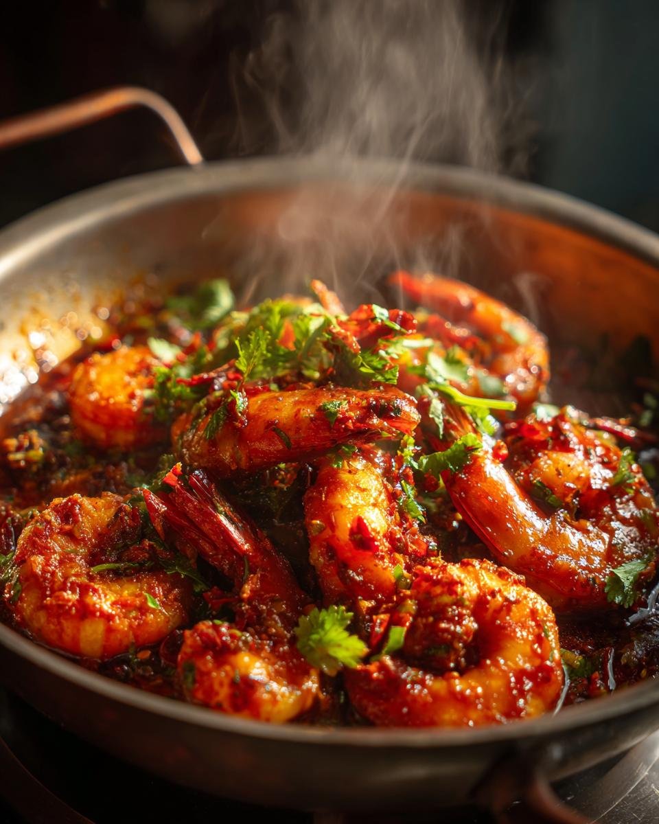 Close-up of steaming Jamaican Spicy Pepper Shrimp in a pan, coated in a rich red sauce and garnished with fresh cilantro.