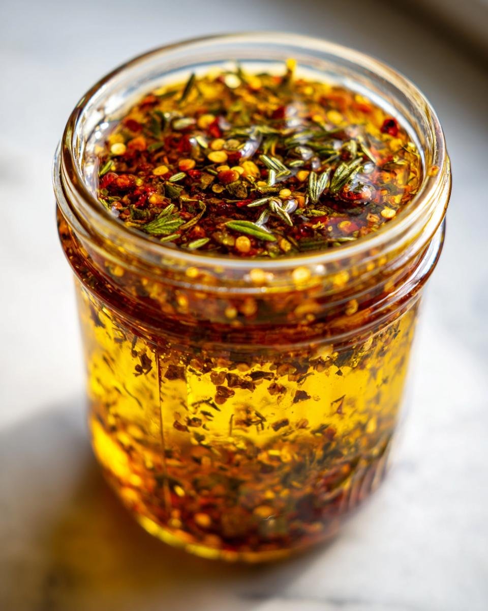 Close-up of a glass jar filled with vibrant Easy Homemade Italian Dressing infused with visible herbs and red pepper flakes.