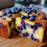A moist slice of Lemon Blueberry Olive Oil Cake, topped with fresh blueberries and powdered sugar.