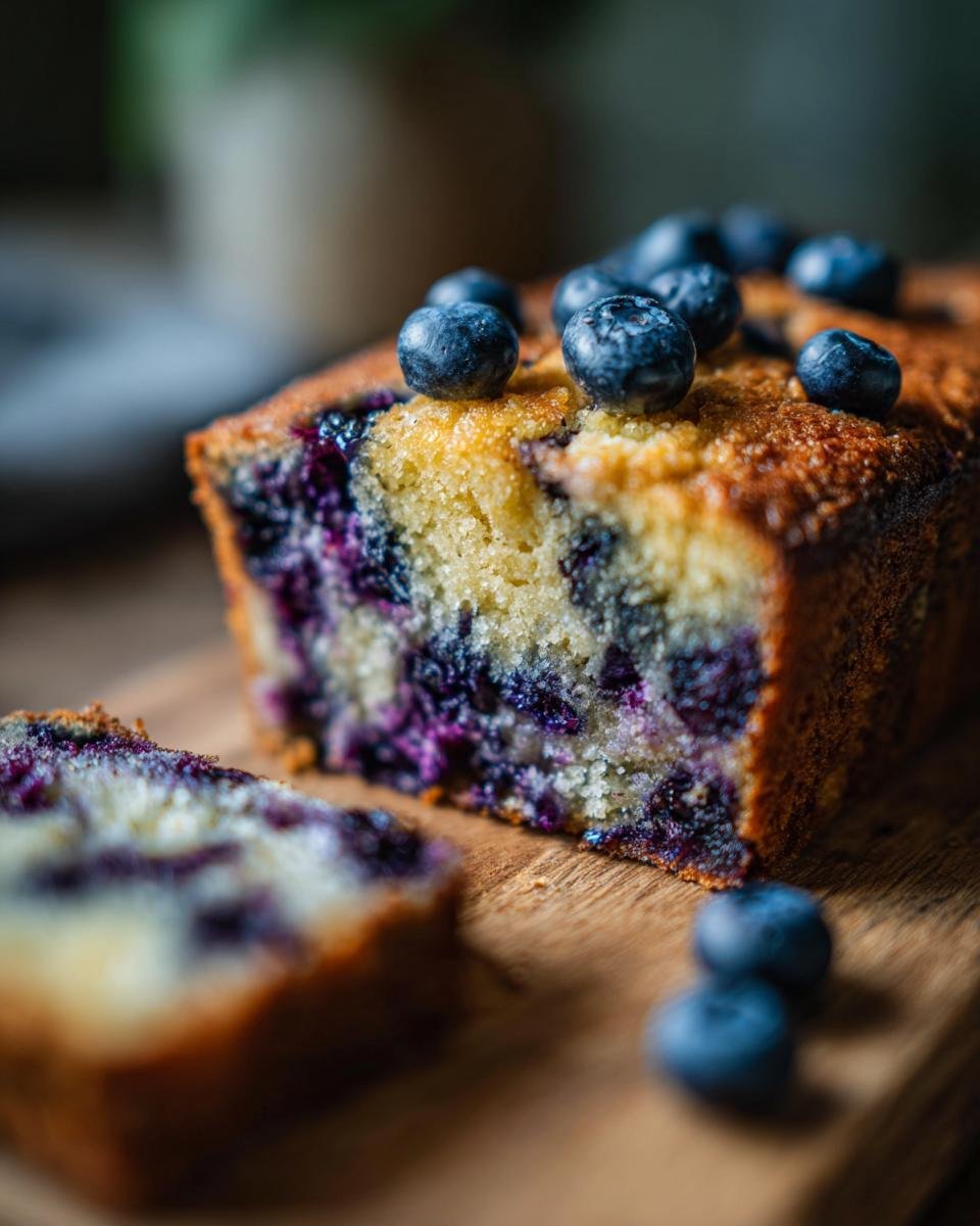 A slice of moist Lemon Blueberry Olive Oil Cake topped with fresh blueberries on a wooden board.