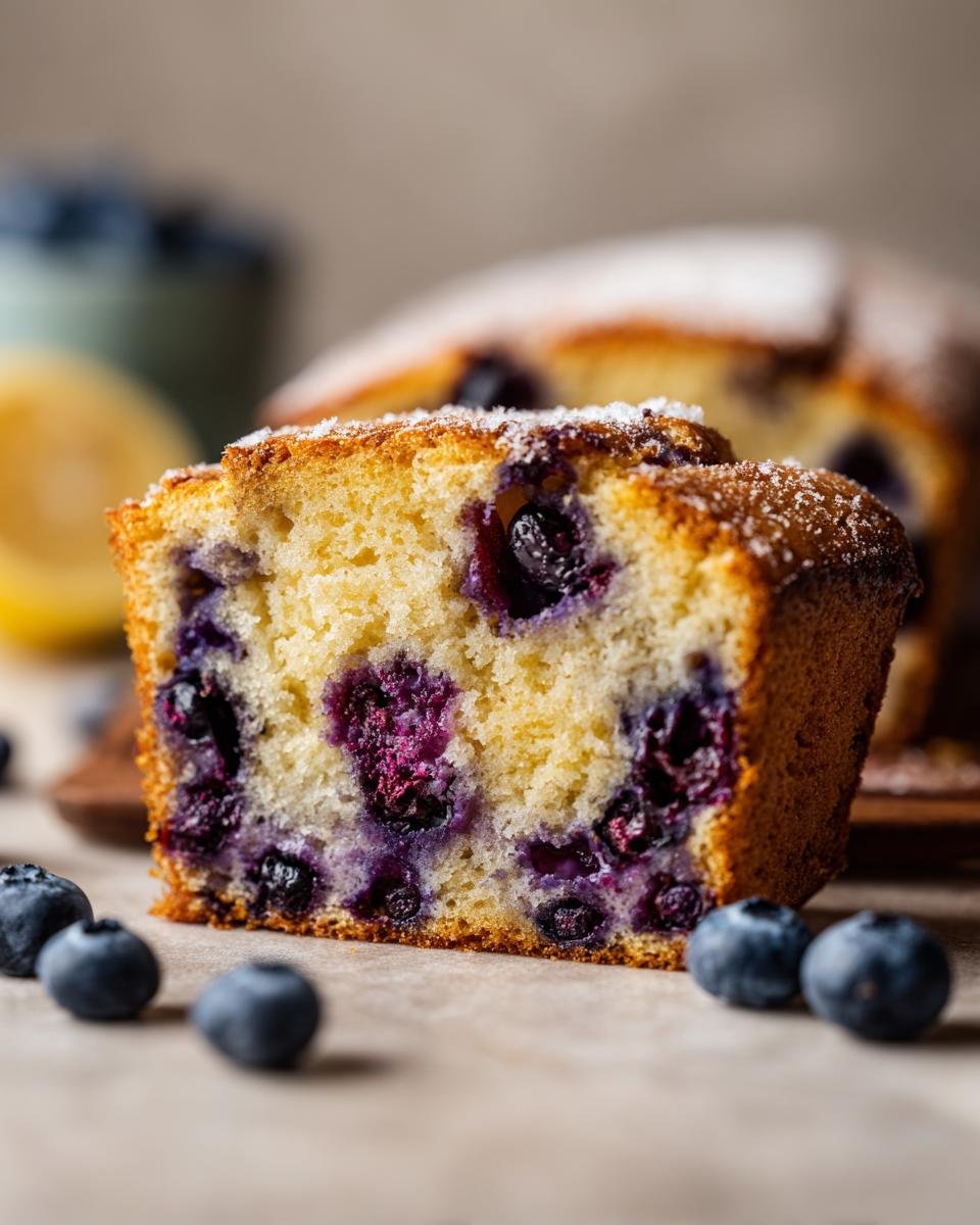 A moist slice of Lemon Blueberry Olive Oil Cake, showcasing plump blueberries and a dusting of powdered sugar.