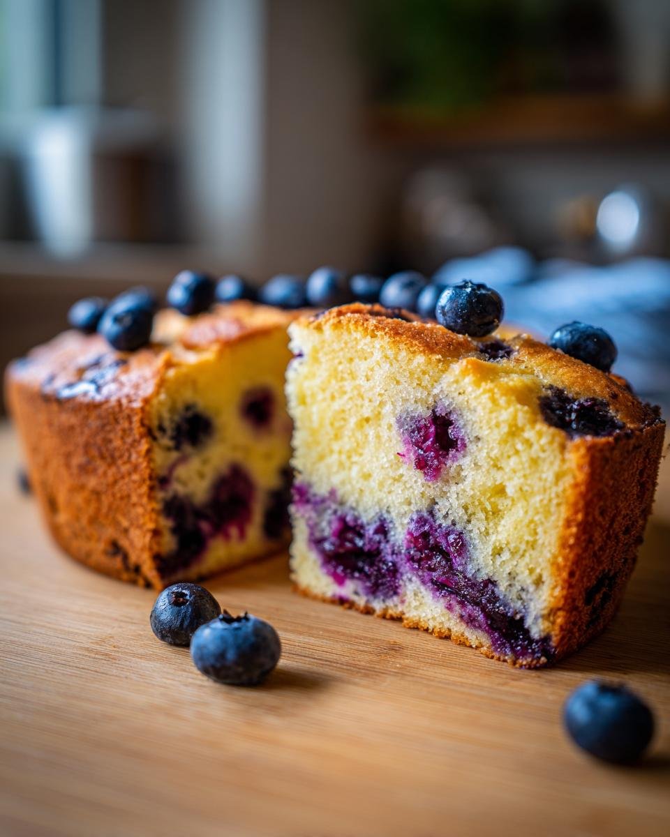 A moist slice of Lemon Blueberry Olive Oil Cake with fresh blueberries on top and scattered around.