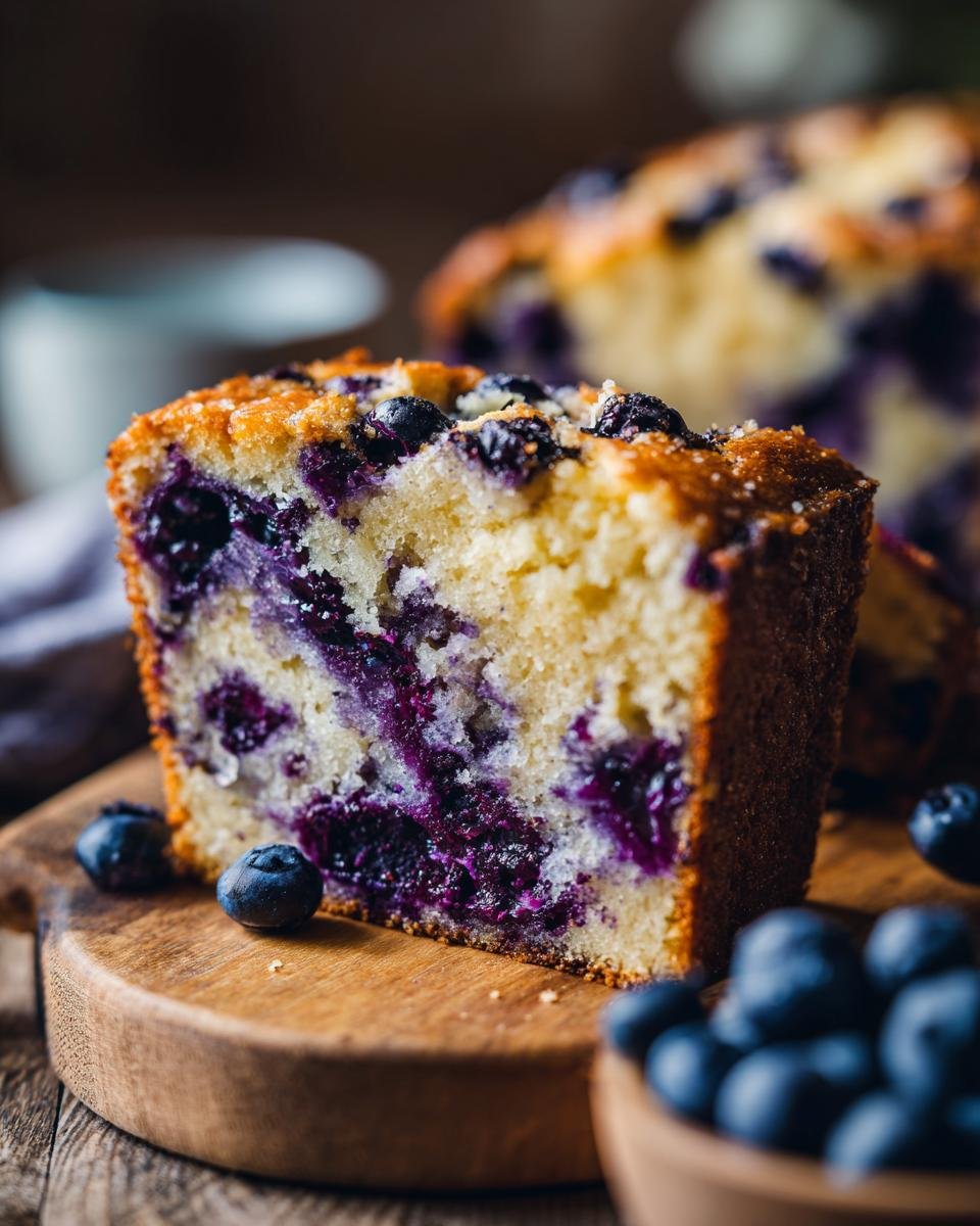 A moist slice of Lemon Blueberry Olive Oil Cake with fresh blueberries on a wooden board.