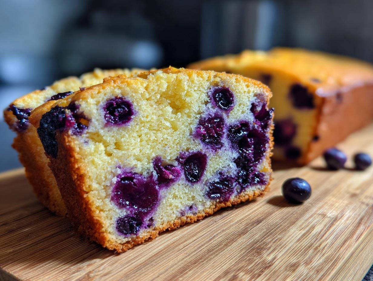 Close-up of a moist slice of Lemon Blueberry Olive Oil Cake, showcasing plump blueberries within the golden crumb.