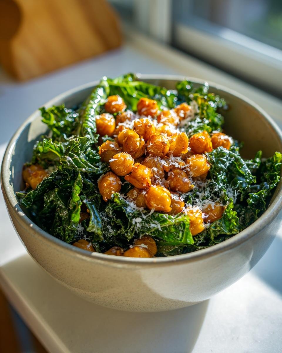 A bowl of Lemon Parmesan Kale Salad topped with glistening Hot Honey Chickpeas and grated Parmesan cheese.