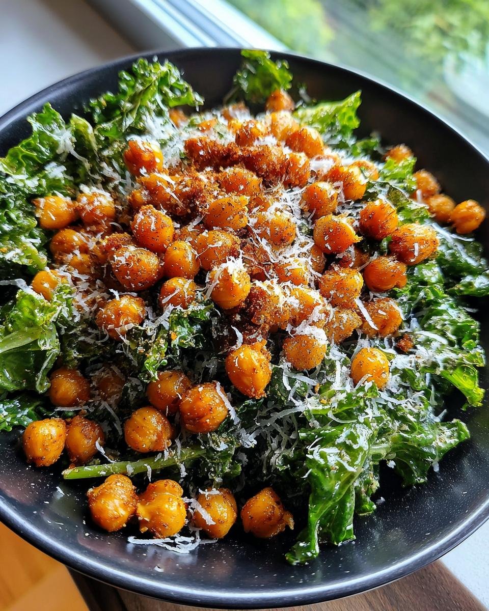A close-up of a black bowl filled with Lemon Parmesan Kale Salad topped with crispy Hot Honey Chickpeas and grated Parmesan cheese.