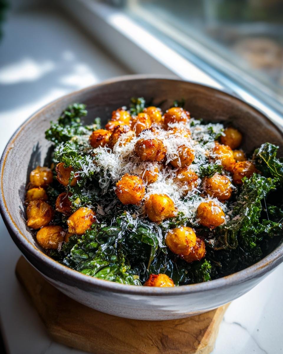 A bowl of Lemon Parmesan Kale Salad topped with crispy Hot Honey Chickpeas and shredded Parmesan cheese.
