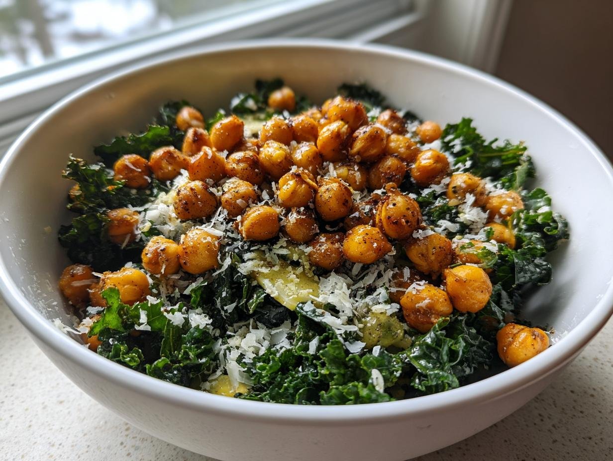 A bowl of Lemon Parmesan Kale Salad topped with crispy hot honey chickpeas and grated cheese.