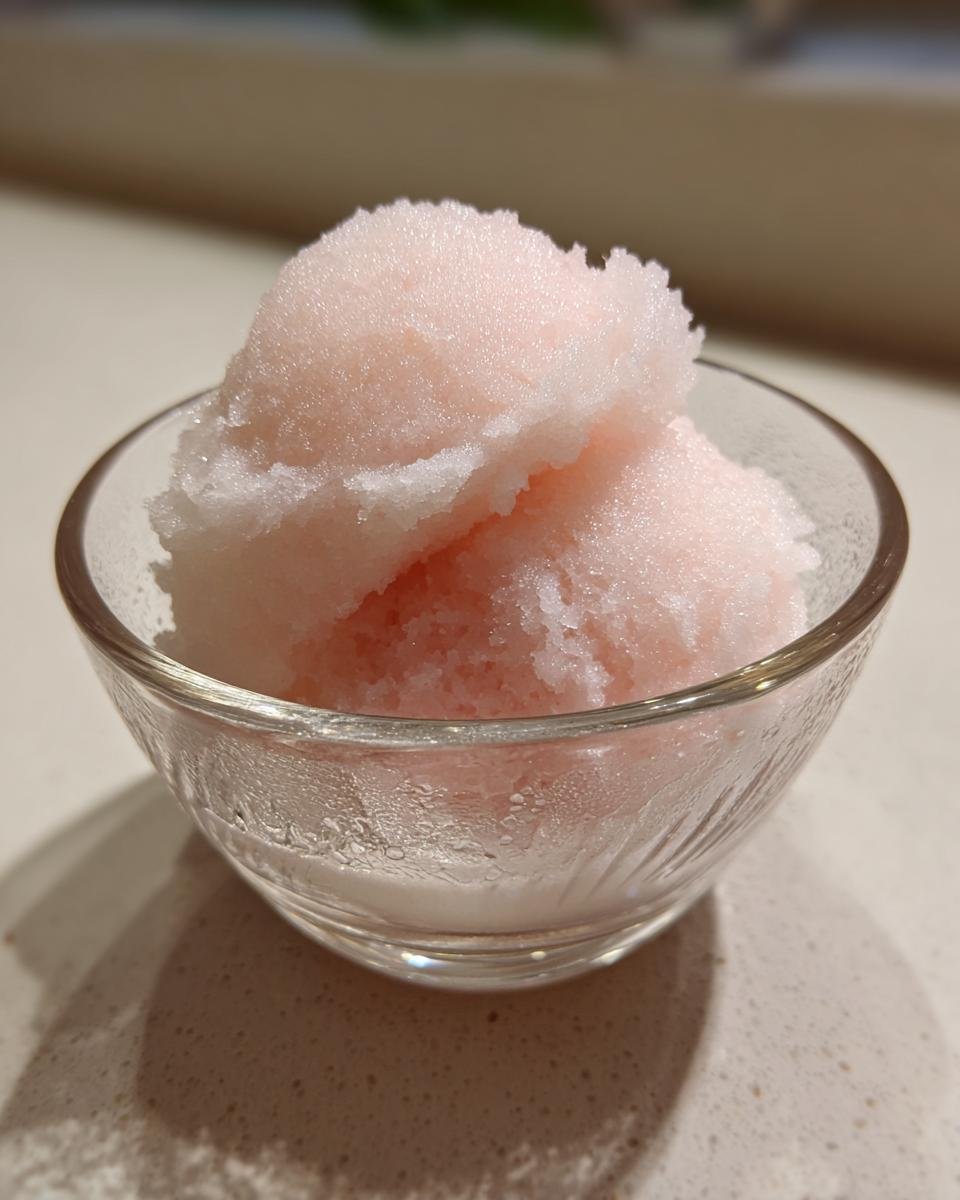 A close-up of light pink lychee sorbet scooped into a clear glass bowl, showing its icy texture.