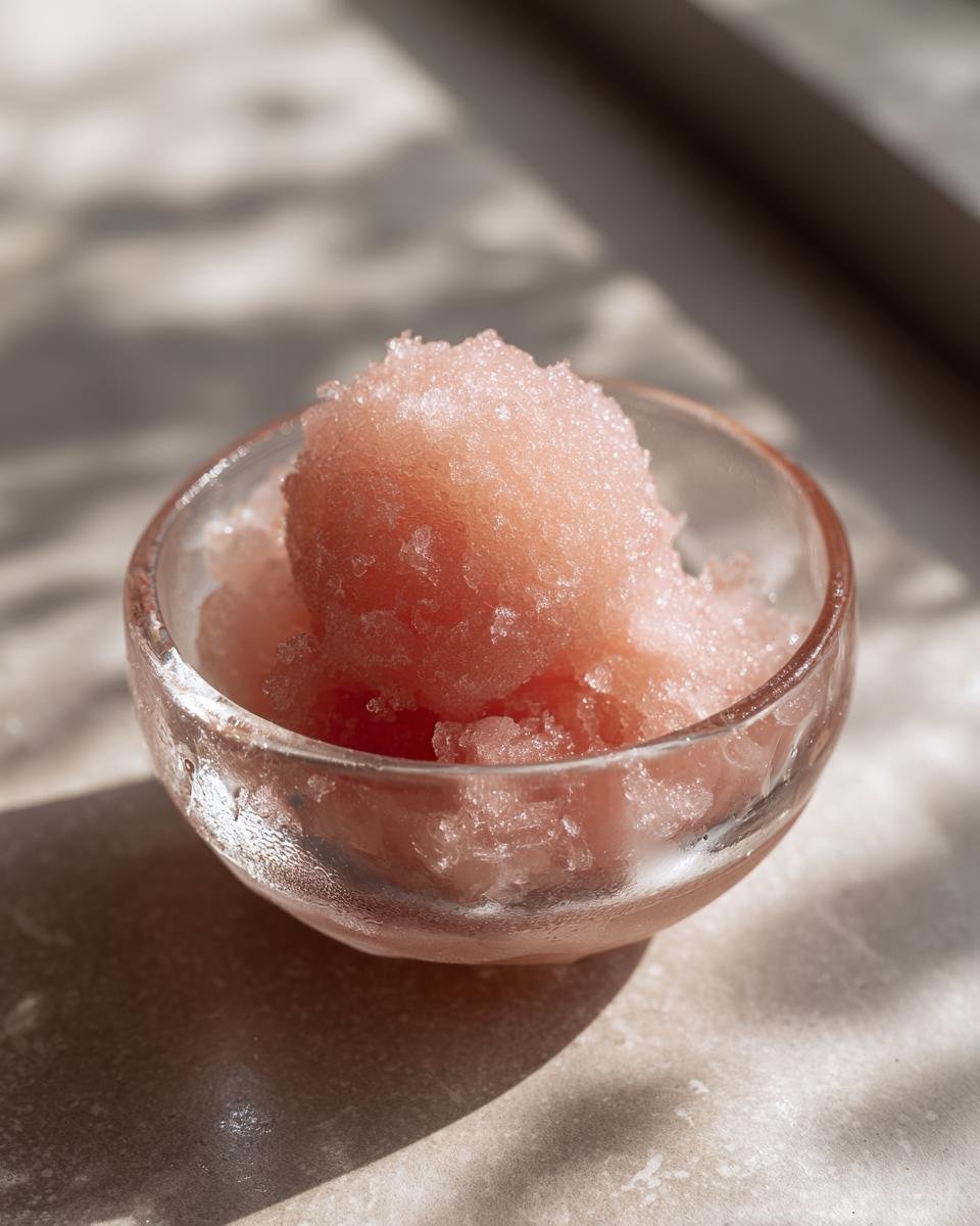 A close-up of pink lychee sorbet piled high in a clear glass bowl, catching the sunlight.