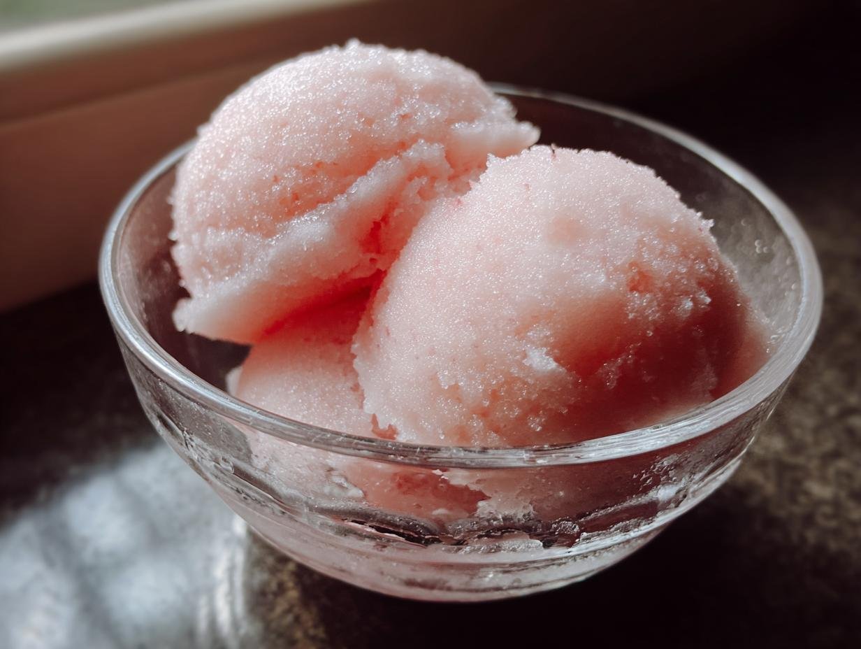 Close-up of three scoops of pink lychee sorbet in a clear glass bowl.