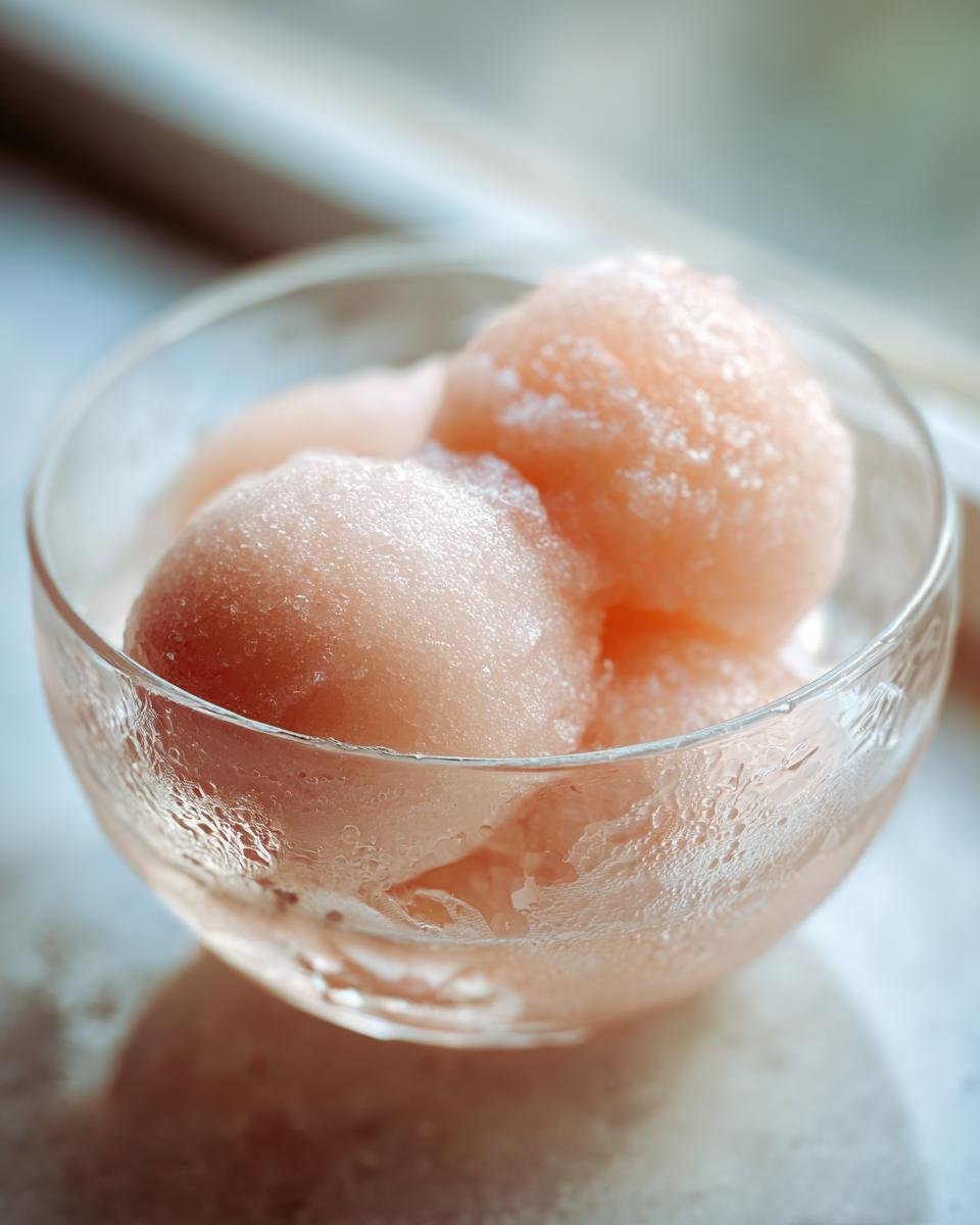 Close-up of three scoops of pink lychee sorbet in a frosted glass bowl.