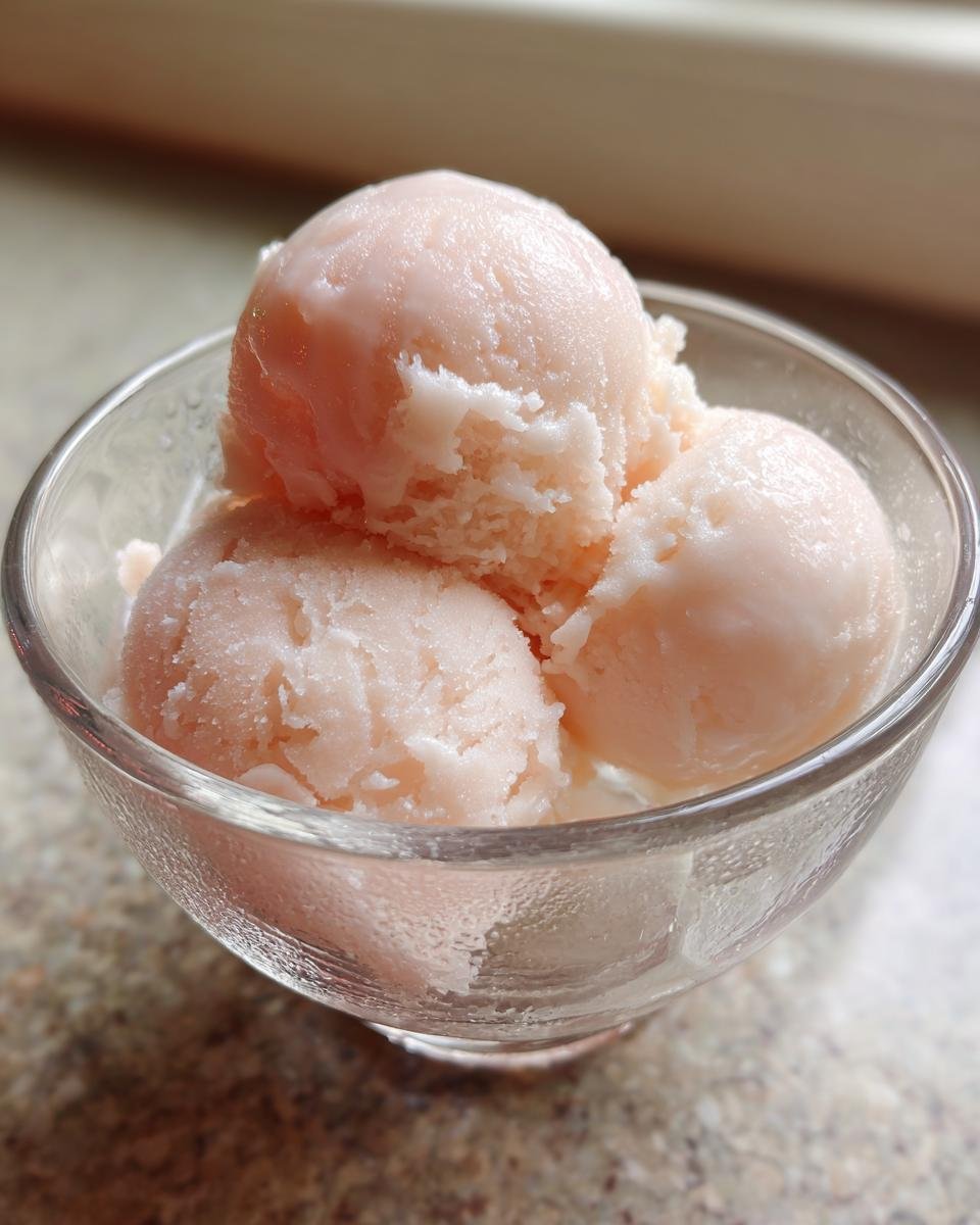 Three scoops of pale pink Lychee sorbet in a clear glass bowl.