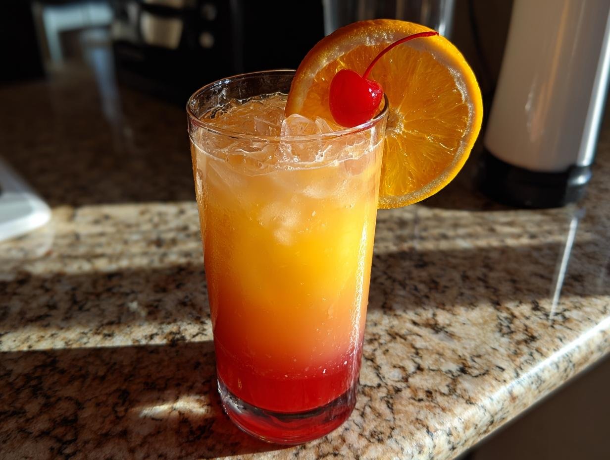 A refreshing Mango Orange Sunrise Mocktail layered with vibrant colors, garnished with an orange slice and cherry.