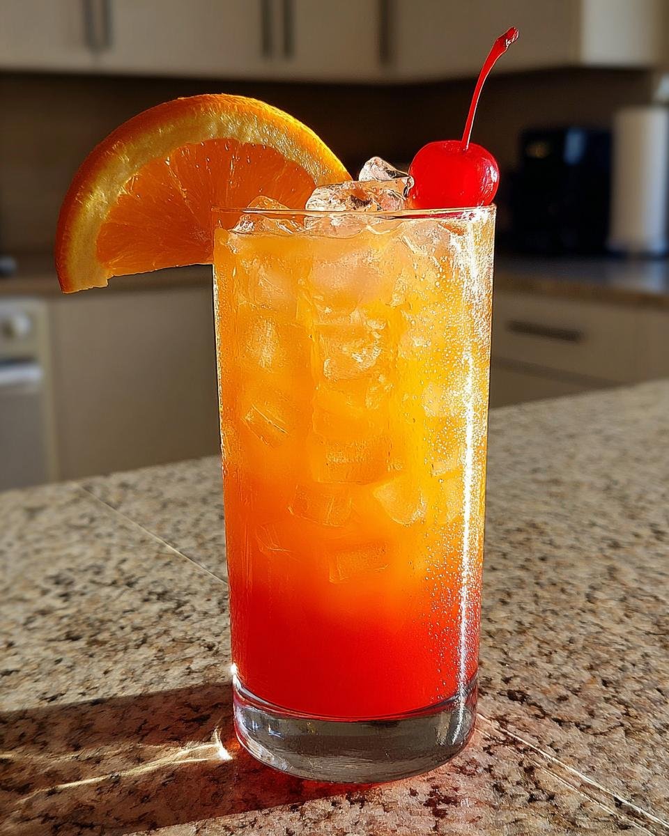 A tall glass filled with a vibrant Mango Orange Sunrise Mocktail, garnished with an orange slice and a cherry.