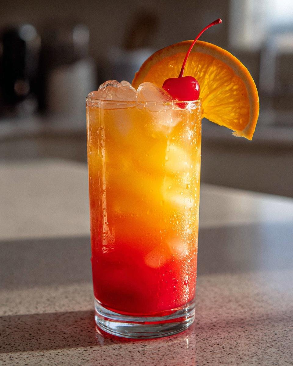 A tall glass filled with a layered Mango Orange Sunrise Mocktail, ice, an orange slice, and a maraschino cherry.