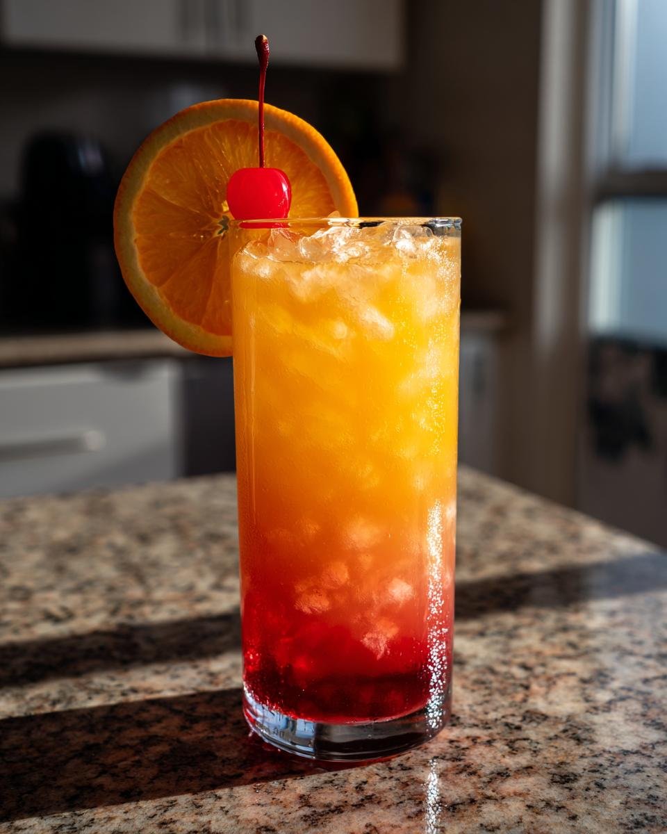 A tall glass filled with a layered Mango Orange Sunrise Mocktail, garnished with an orange slice and a maraschino cherry.