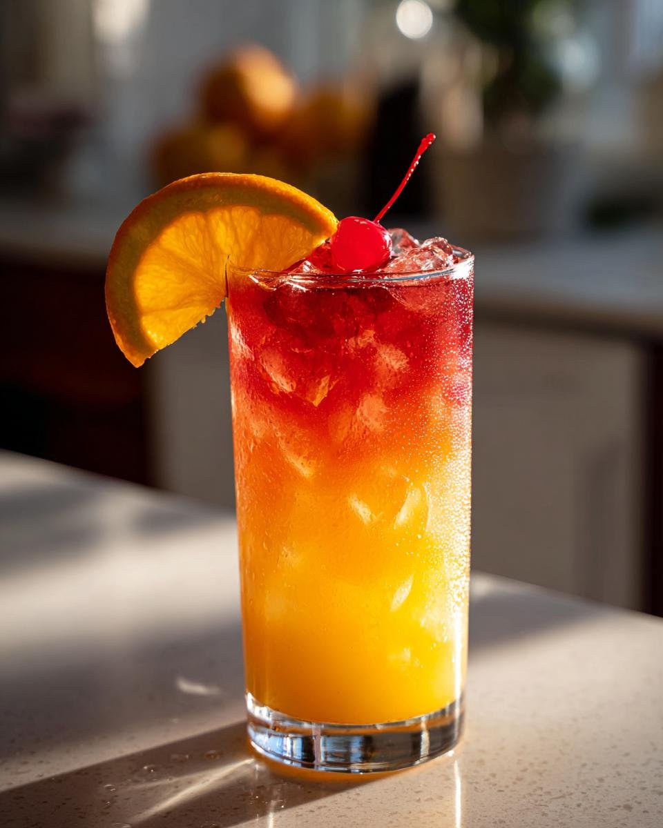 A refreshing Mango Orange Sunrise Mocktail in a tall glass, garnished with an orange slice and a maraschino cherry, filled with ice.
