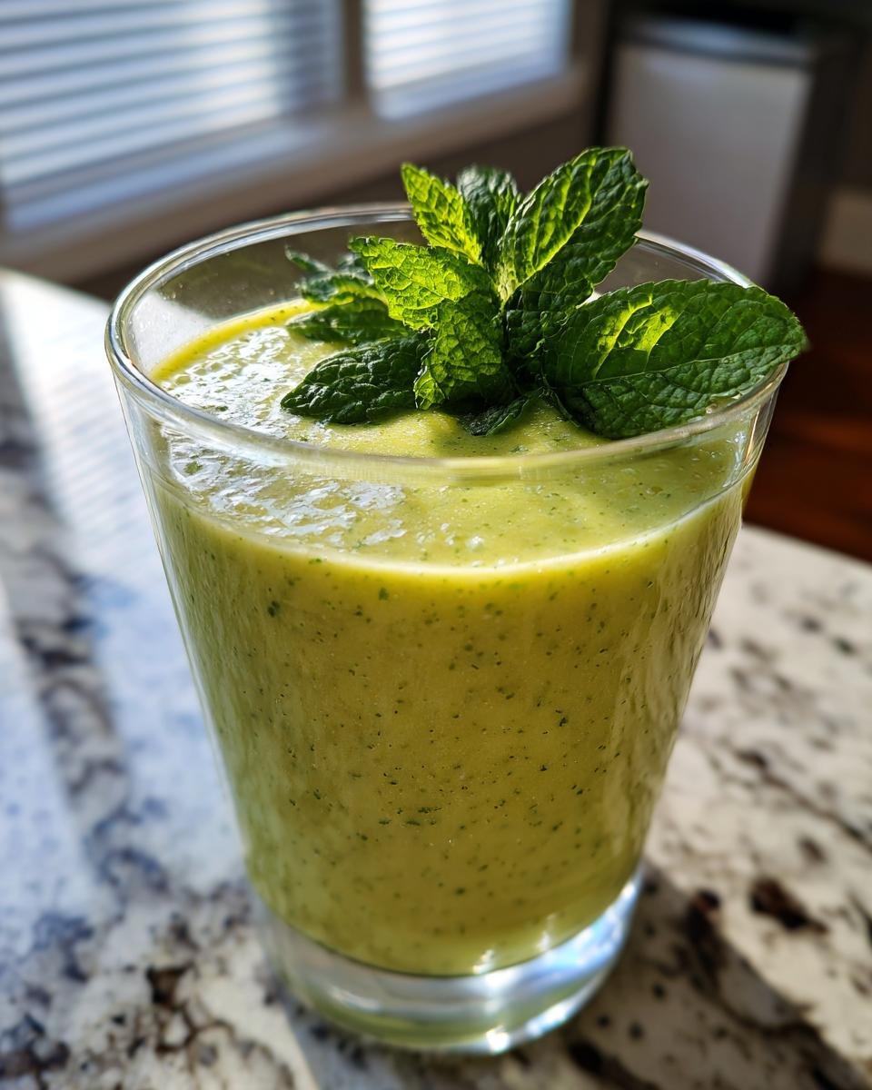 A vibrant green Mango Pineapple Matcha Mocktail garnished with fresh mint leaves in a clear glass.