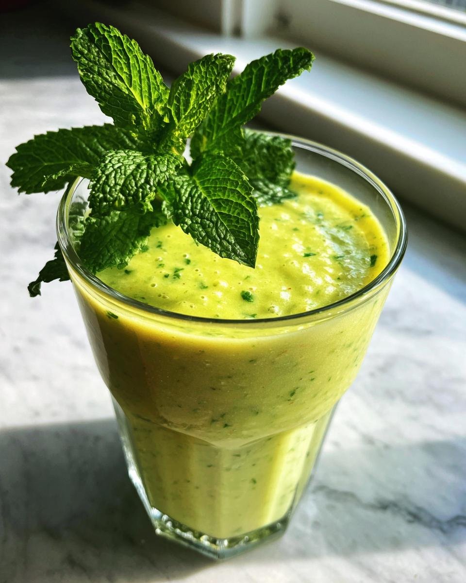 A vibrant green Mango Pineapple Matcha Mocktail topped with fresh mint leaves in a clear glass.